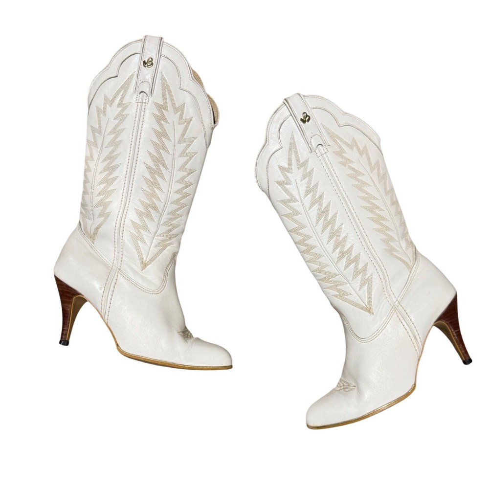 Jeenz Bootz White Leather Western Cowboy Boots 8.5M Heel J 507 Made in USA